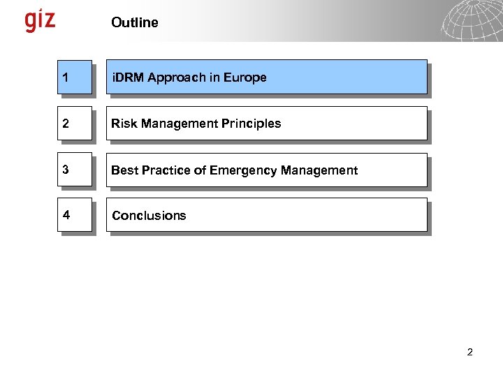 Outline 1 i. DRM Approach in Europe 2 Risk Management Principles 3 Best Practice