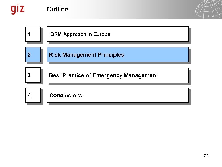 Outline 1 i. DRM Approach in Europe 2 Risk Management Principles 3 Best Practice