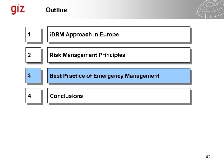 Outline 1 i. DRM Approach in Europe 2 Risk Management Principles 3 Best Practice