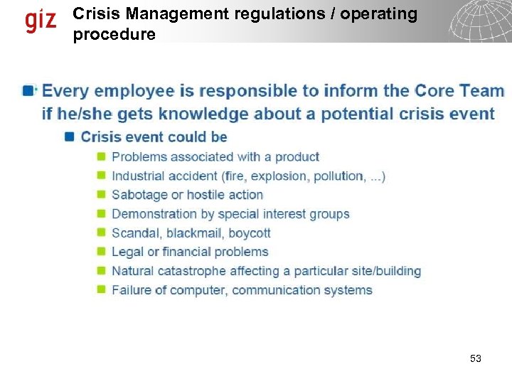 Crisis Management regulations / operating procedure 53 