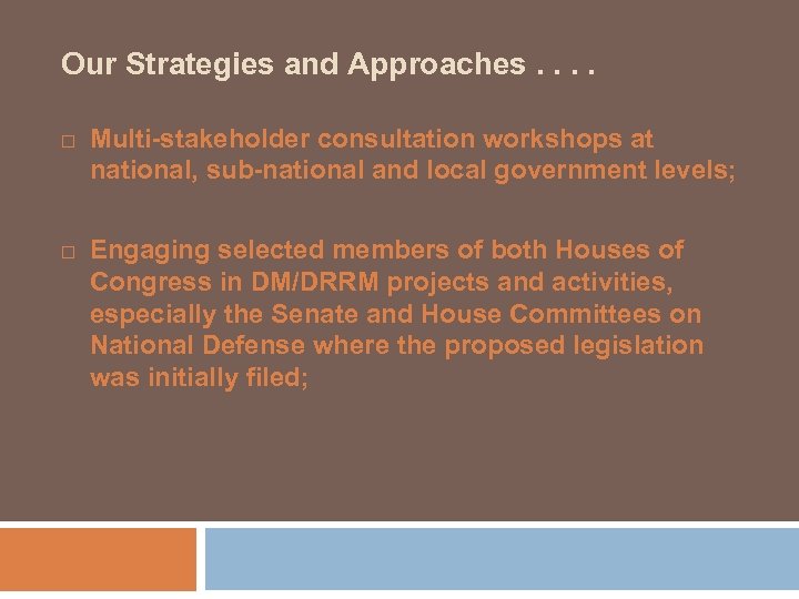 Our Strategies and Approaches. . Multi-stakeholder consultation workshops at national, sub-national and local government