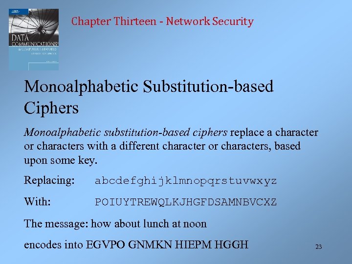 Chapter Thirteen - Network Security Monoalphabetic Substitution-based Ciphers Monoalphabetic substitution-based ciphers replace a character