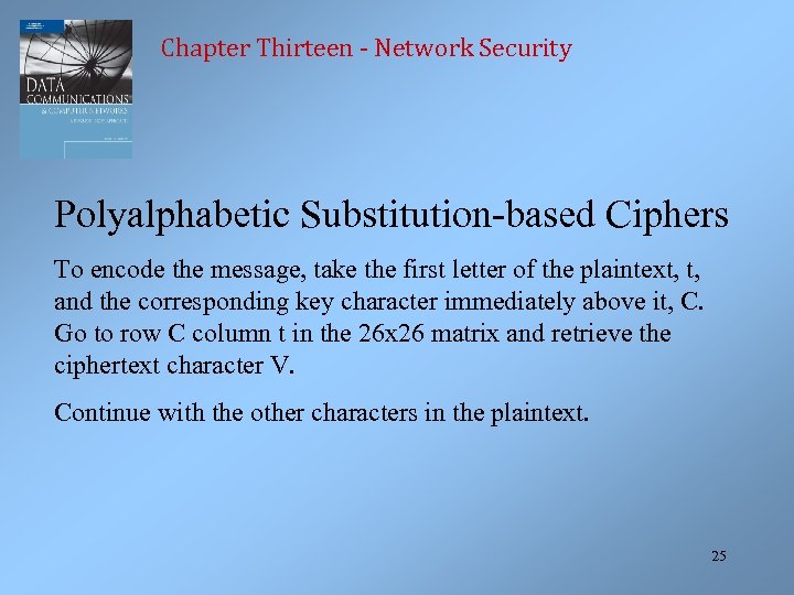 Chapter Thirteen - Network Security Polyalphabetic Substitution-based Ciphers To encode the message, take the