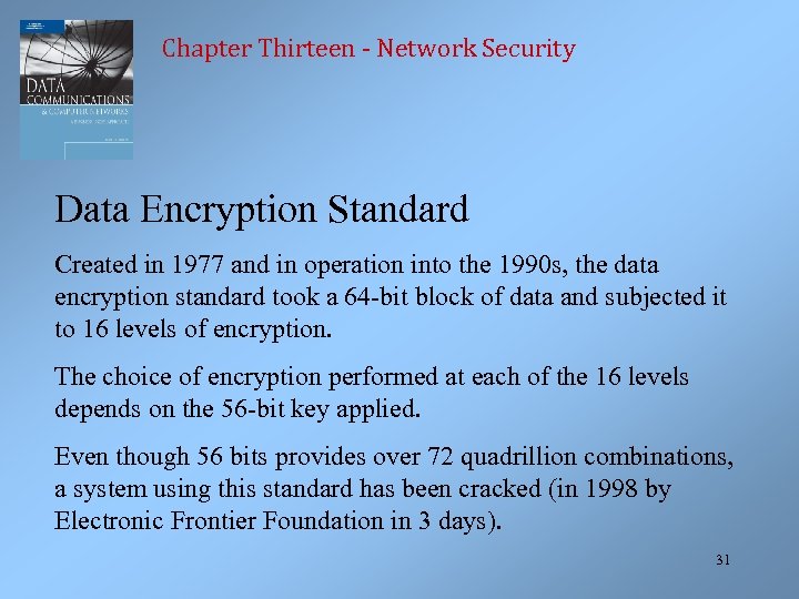 Chapter Thirteen - Network Security Data Encryption Standard Created in 1977 and in operation