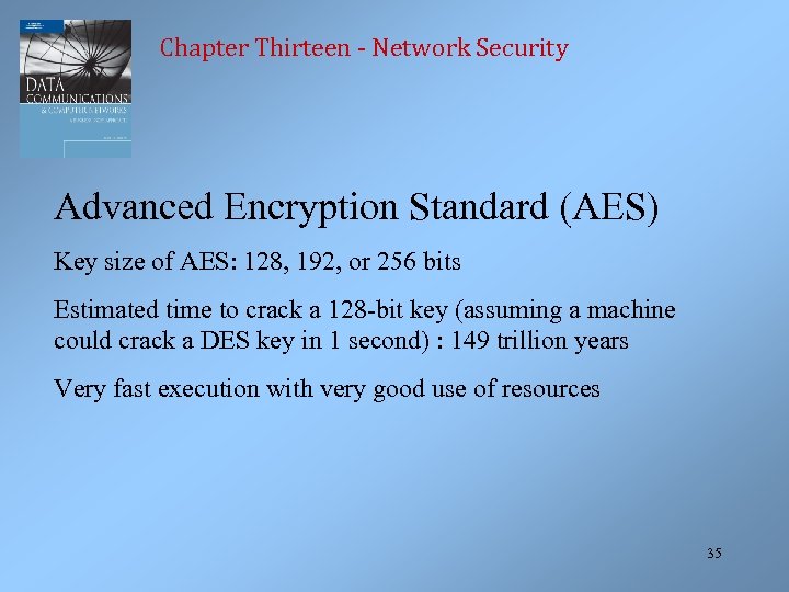 Chapter Thirteen - Network Security Advanced Encryption Standard (AES) Key size of AES: 128,