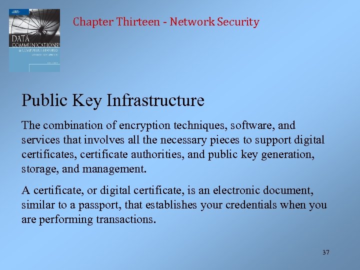 Chapter Thirteen - Network Security Public Key Infrastructure The combination of encryption techniques, software,