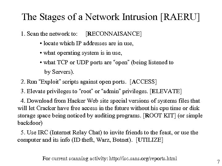 The Stages of a Network Intrusion [RAERU] 1. Scan the network to: [RECONNAISANCE] •