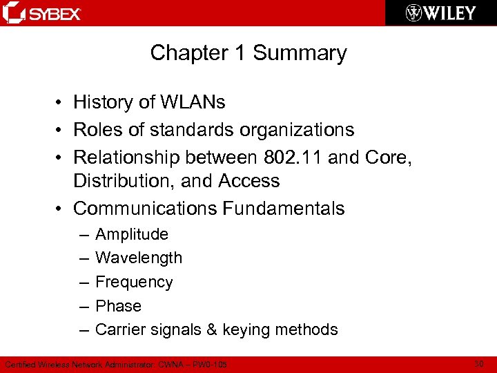 Chapter 1 Summary • History of WLANs • Roles of standards organizations • Relationship