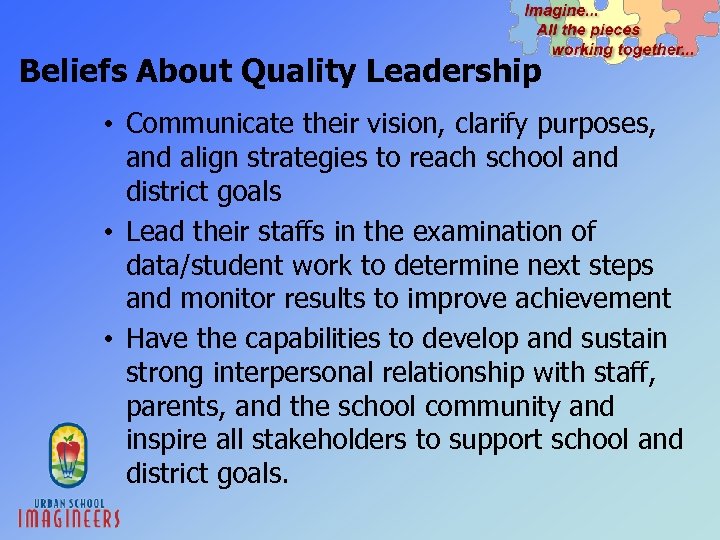 Beliefs About Quality Leadership • Communicate their vision, clarify purposes, and align strategies to