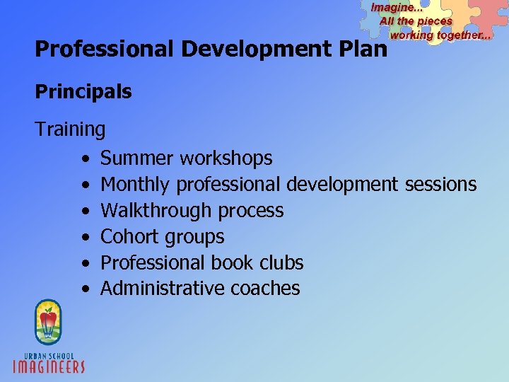 Professional Development Plan Principals Training • Summer workshops • Monthly professional development sessions •