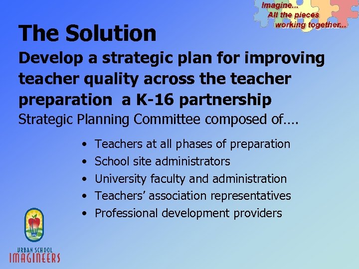 The Solution Develop a strategic plan for improving teacher quality across the teacher preparation