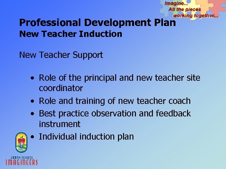Professional Development Plan New Teacher Induction New Teacher Support • Role of the principal