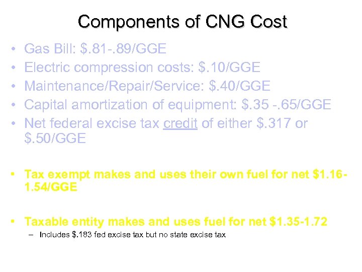Components of CNG Cost • • • Gas Bill: $. 81 -. 89/GGE Electric
