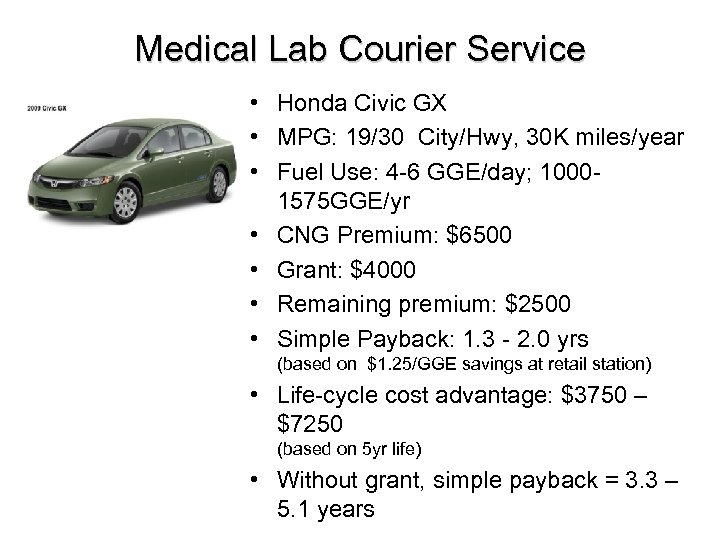 Medical Lab Courier Service • Honda Civic GX • MPG: 19/30 City/Hwy, 30 K