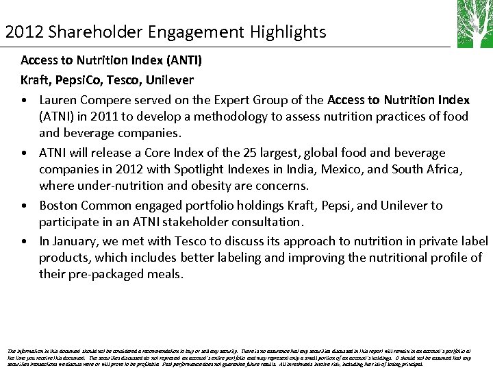 2012 Shareholder Engagement Highlights Access to Nutrition Index (ANTI) Kraft, Pepsi. Co, Tesco, Unilever