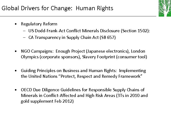 Global Drivers for Change: Human Rights • Regulatory Reform – US Dodd-Frank-Act Conflict Minerals