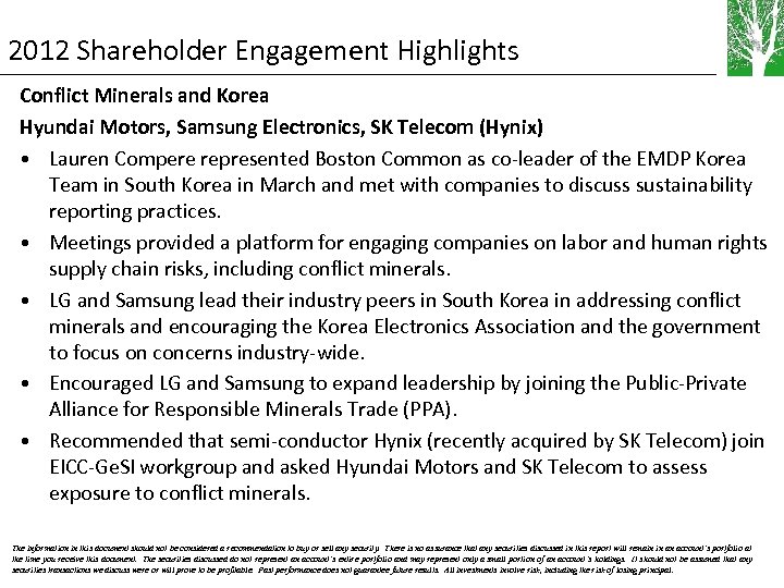 2012 Shareholder Engagement Highlights Conflict Minerals and Korea Hyundai Motors, Samsung Electronics, SK Telecom