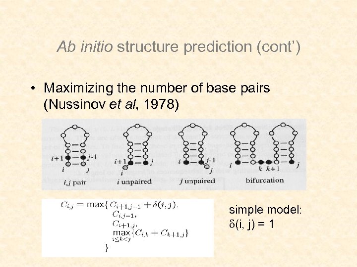 Ab initio structure prediction (cont’) • Maximizing the number of base pairs (Nussinov et
