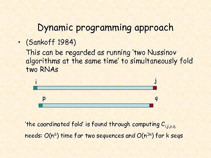 Dynamic programming approach • (Sankoff 1984) This can be regarded as running ‘two Nussinov