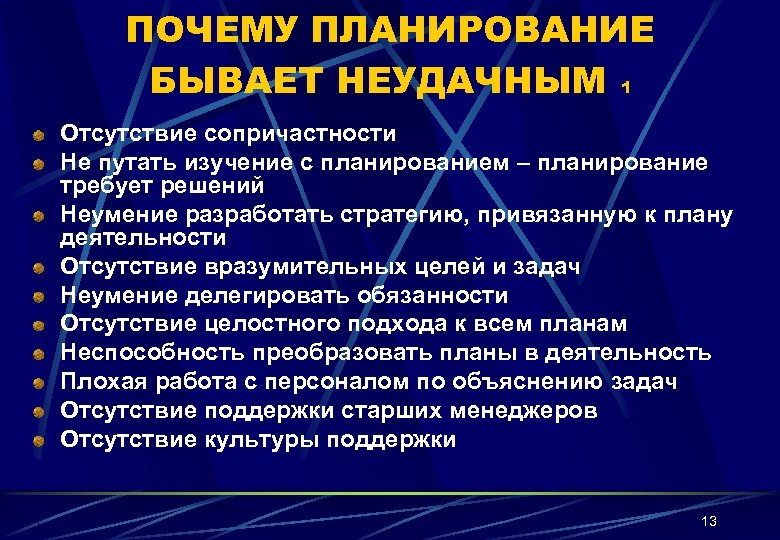 ПОЧЕМУ ПЛАНИРОВАНИЕ БЫВАЕТ НЕУДАЧНЫМ 1 Отсутствие сопричастности Не путать изучение с планированием – планирование