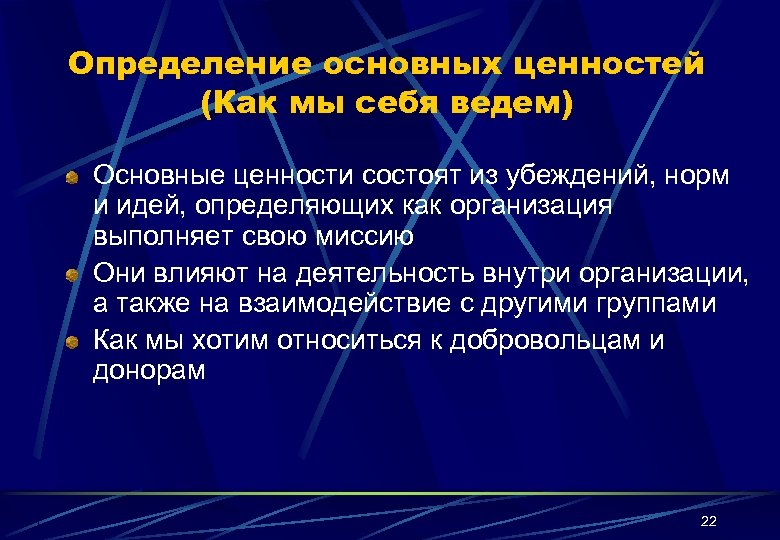 Определение основных ценностей (Как мы себя ведем) Основные ценности состоят из убеждений, норм и