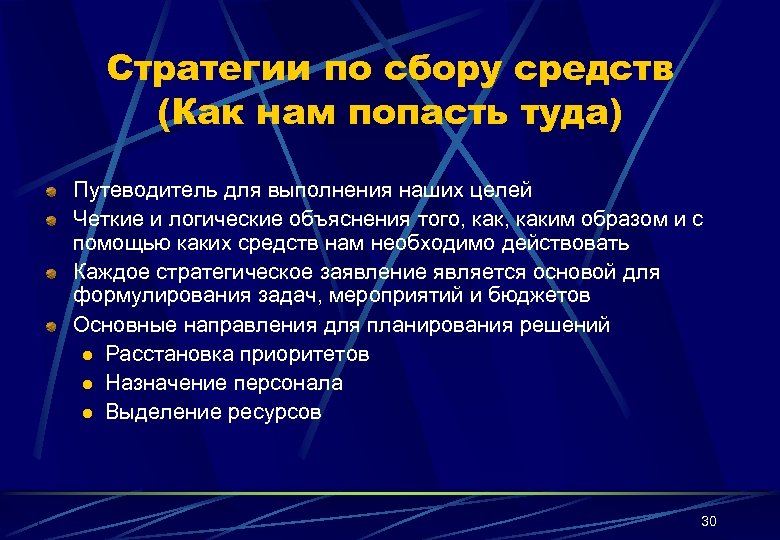 Стратегии по сбору средств (Как нам попасть туда) Путеводитель для выполнения наших целей Четкие