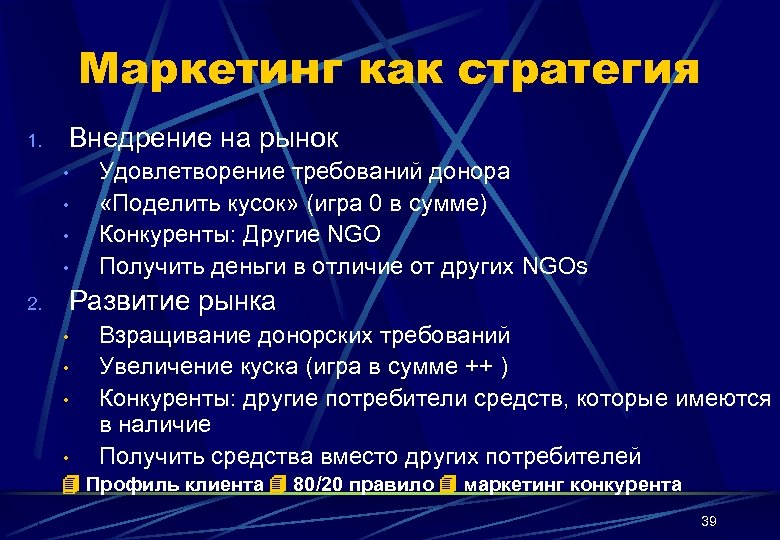 Маркетинг как стратегия Внедрение на рынок 1. Удовлетворение требований донора «Поделить кусок» (игра 0