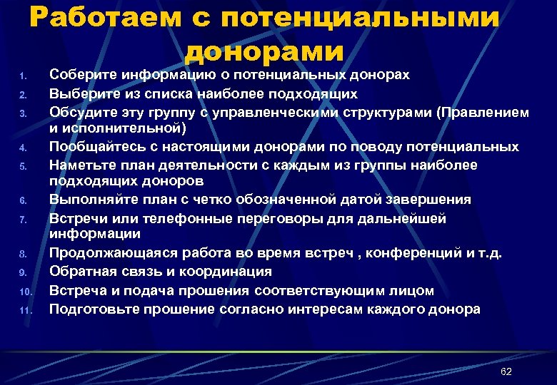 Работаем с потенциальными донорами 1. 2. 3. 4. 5. 6. 7. 8. 9. 10.