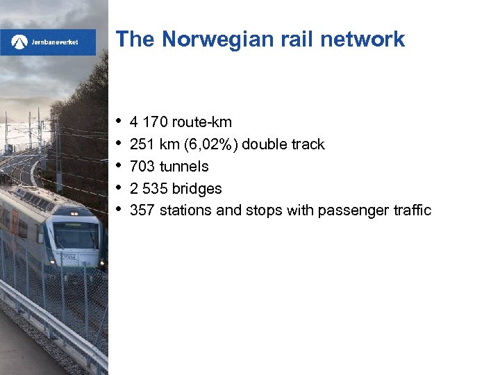 The Norwegian rail network • • • 4 170 route-km 251 km (6, 02%)