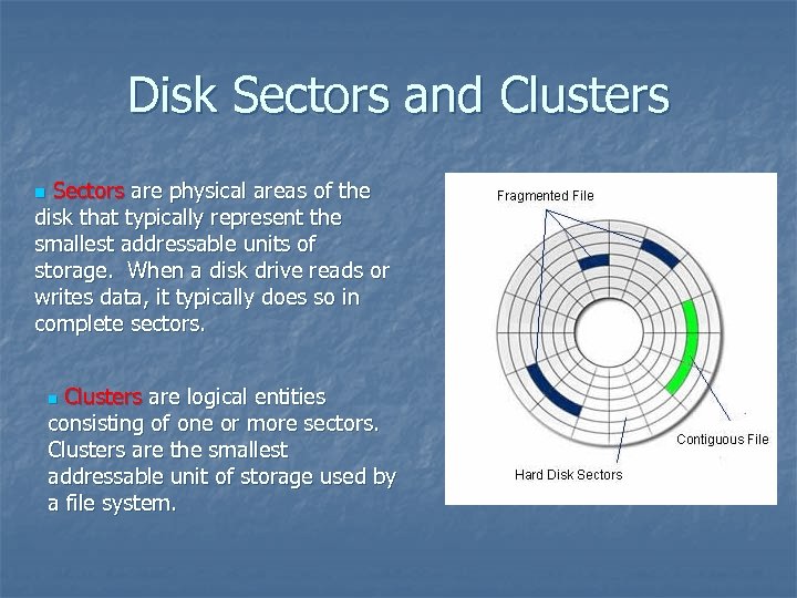 Disk Sectors and Clusters Sectors are physical areas of the disk that typically represent