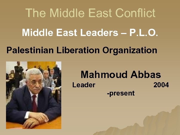 The Middle East Conflict Middle East Leaders – P. L. O. Palestinian Liberation Organization