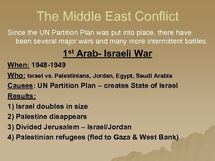 The Middle East Conflict Since the UN Partition Plan was put into place, there