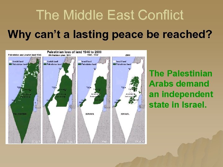 The Middle East Conflict Why can’t a lasting peace be reached? The Palestinian Arabs