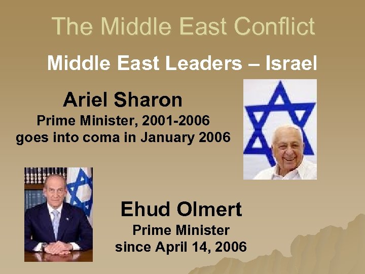 The Middle East Conflict Middle East Leaders – Israel Ariel Sharon Prime Minister, 2001