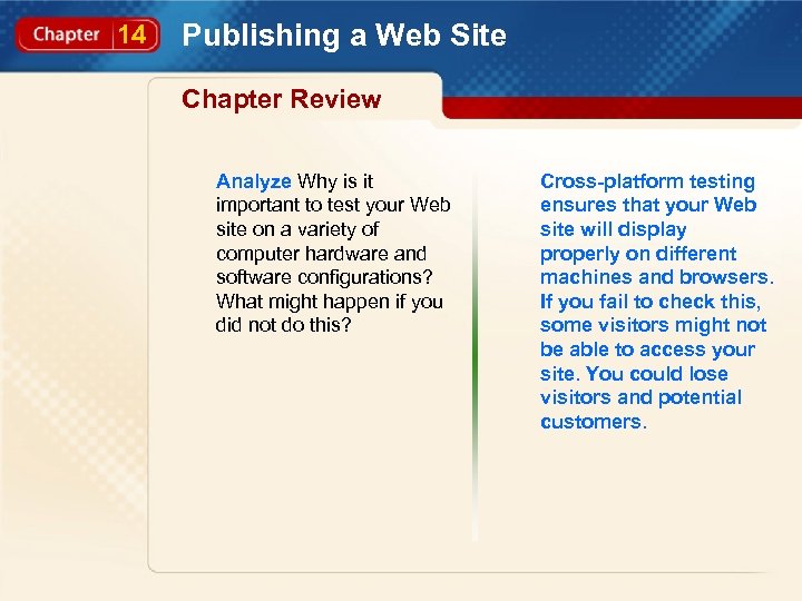 14 Publishing a Web Site Chapter Review Analyze Why is it important to test