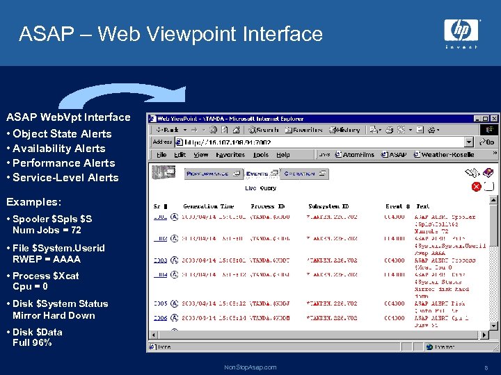 ASAP – Web Viewpoint Interface ASAP Web. Vpt Interface • Object State Alerts •