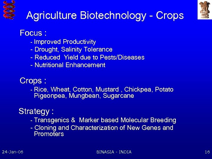 Agriculture Biotechnology - Crops Focus : - Improved Productivity - Drought, Salinity Tolerance -