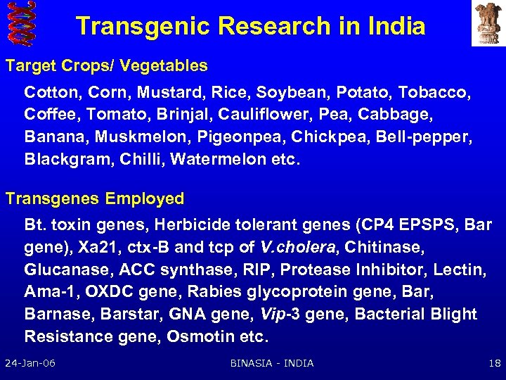 Transgenic Research in India Target Crops/ Vegetables Cotton, Corn, Mustard, Rice, Soybean, Potato, Tobacco,