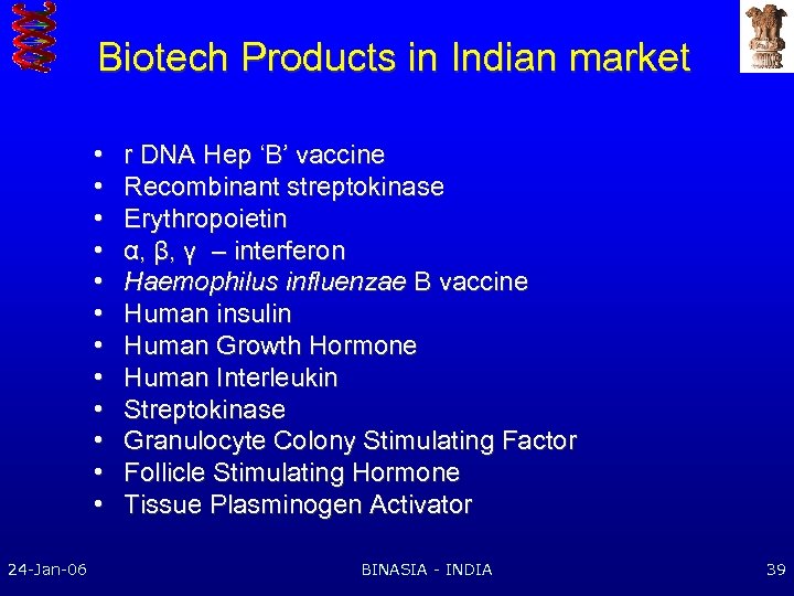 Biotech Products in Indian market • • • 24 -Jan-06 r DNA Hep ‘B’