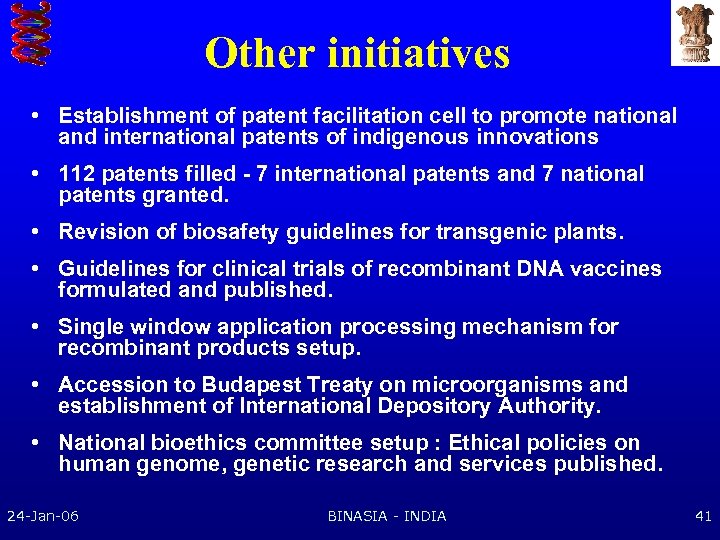 Other initiatives • Establishment of patent facilitation cell to promote national and international patents