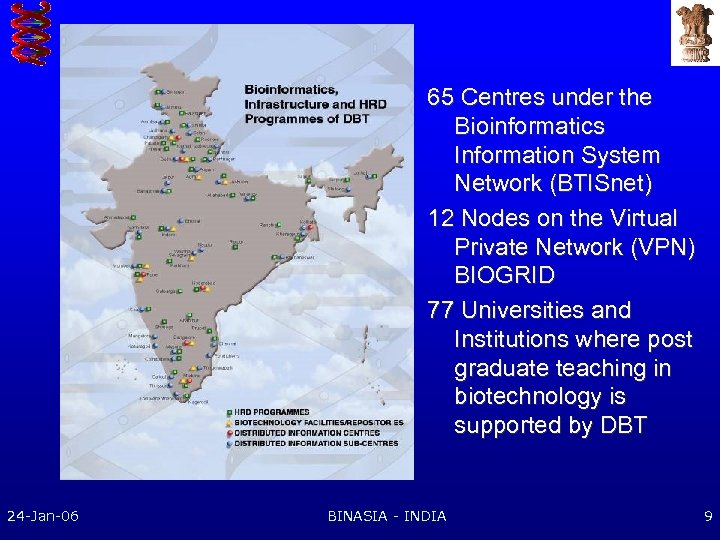 65 Centres under the Bioinformatics Information System Network (BTISnet) 12 Nodes on the Virtual