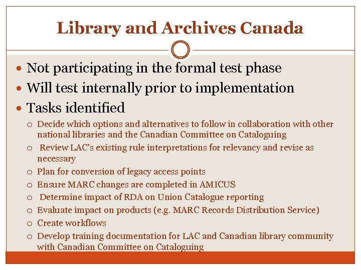 Library and Archives Canada Not participating in the formal test phase Will test internally