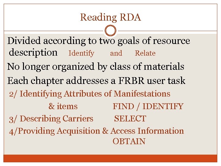 Reading RDA Divided according to two goals of resource description Identify and Relate No