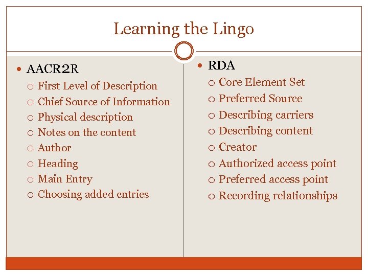 Learning the Lingo AACR 2 R First Level of Description Chief Source of Information