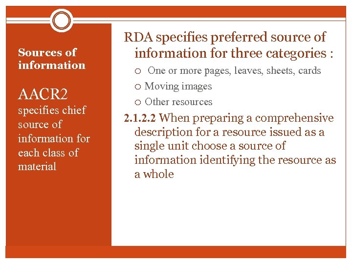 Sources of information AACR 2 specifies chief source of information for each class of
