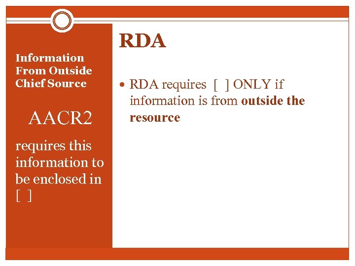 Information From Outside Chief Source AACR 2 requires this information to be enclosed in