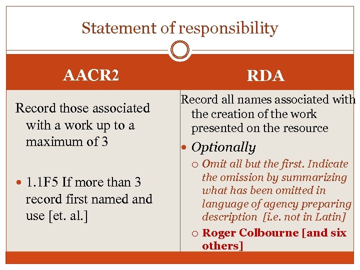 Statement of responsibility AACR 2 Record those associated with a work up to a