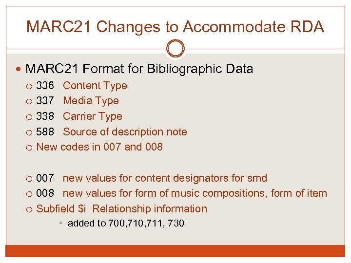 MARC 21 Changes to Accommodate RDA MARC 21 Format for Bibliographic Data 336 Content