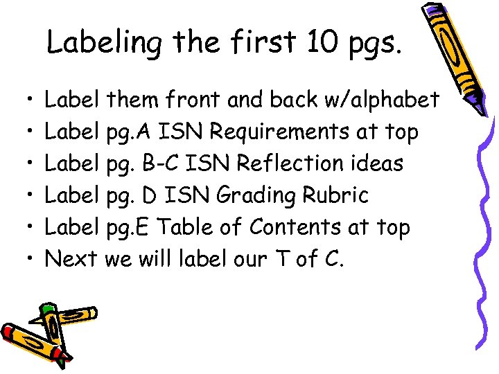 Labeling the first 10 pgs. • • • Label them front and back w/alphabet