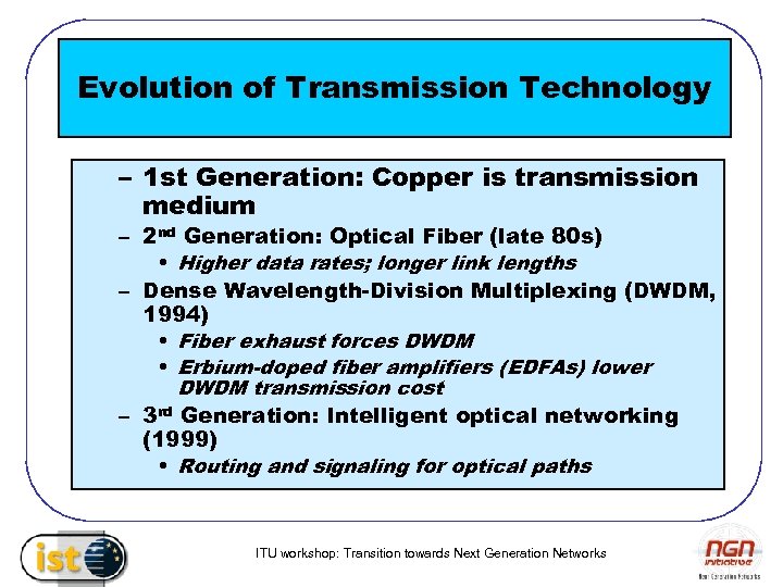 Evolution of Transmission Technology – 1 st Generation: Copper is transmission medium – 2